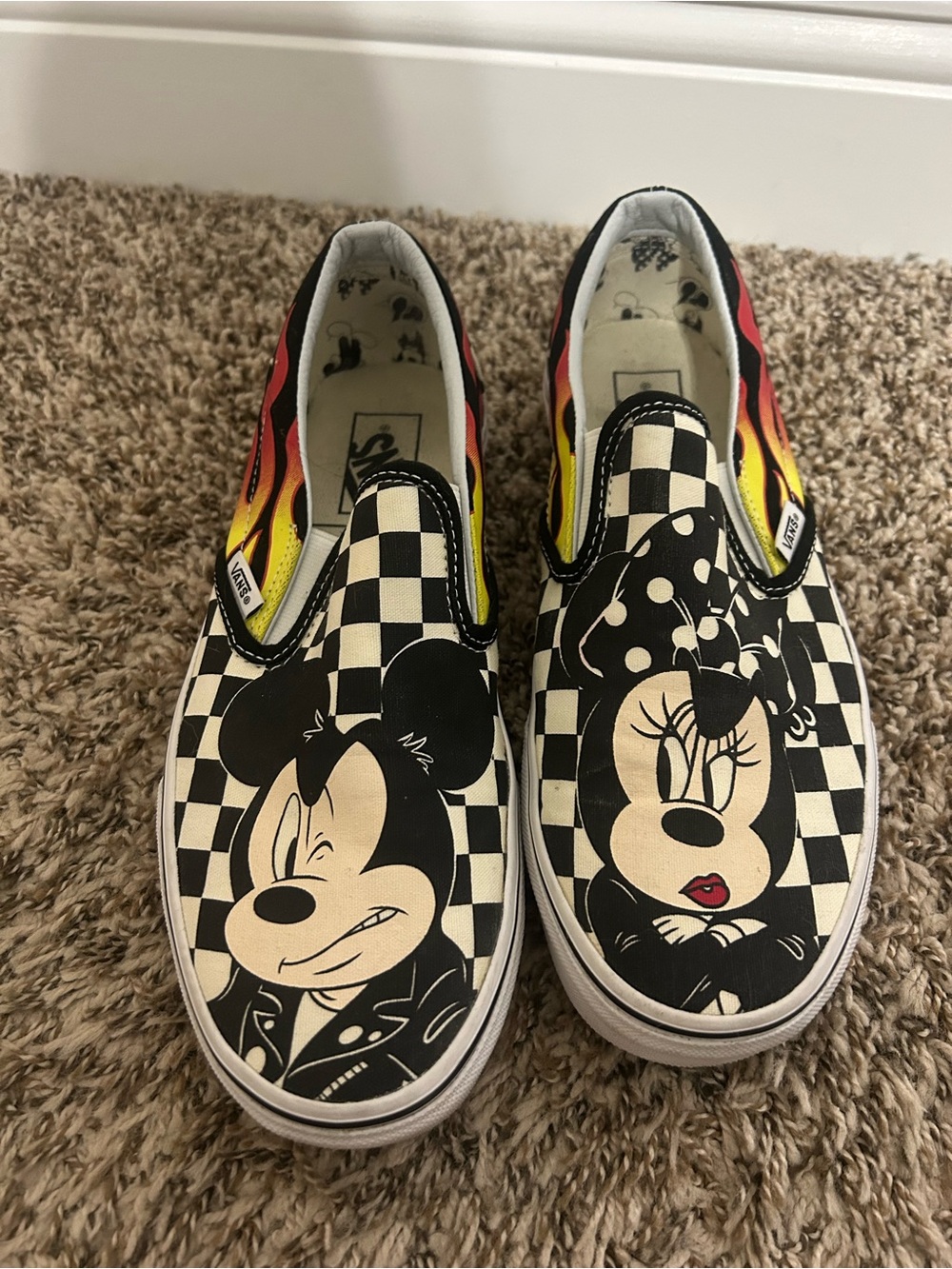 Vans Kids Checker Slip-On Sneakers with Mickey & Minnie and Flame Accents